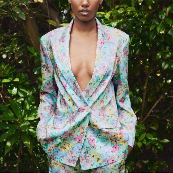 Zara Women Bloggers Favorite Floral Satin Double Breasted Blazer Multicolor Sz L - Picture 2 of 12